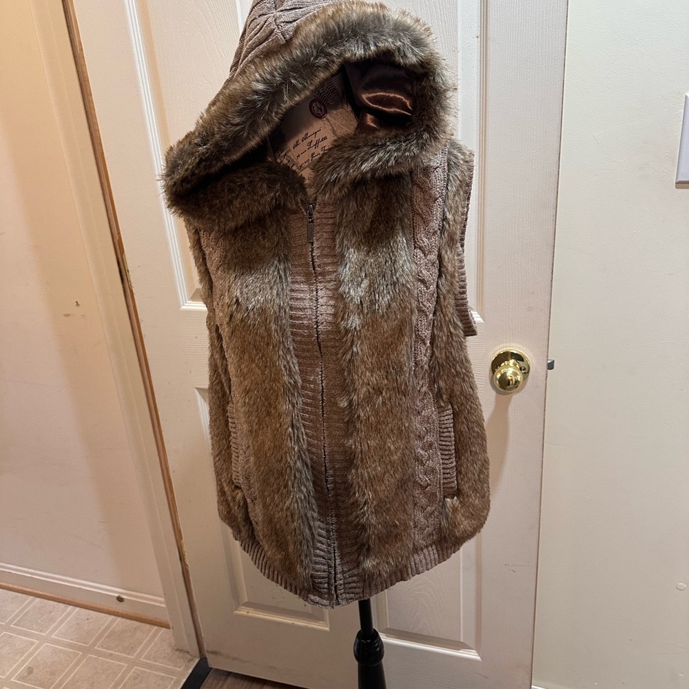 Faux Fur Hooded Vest in Brown